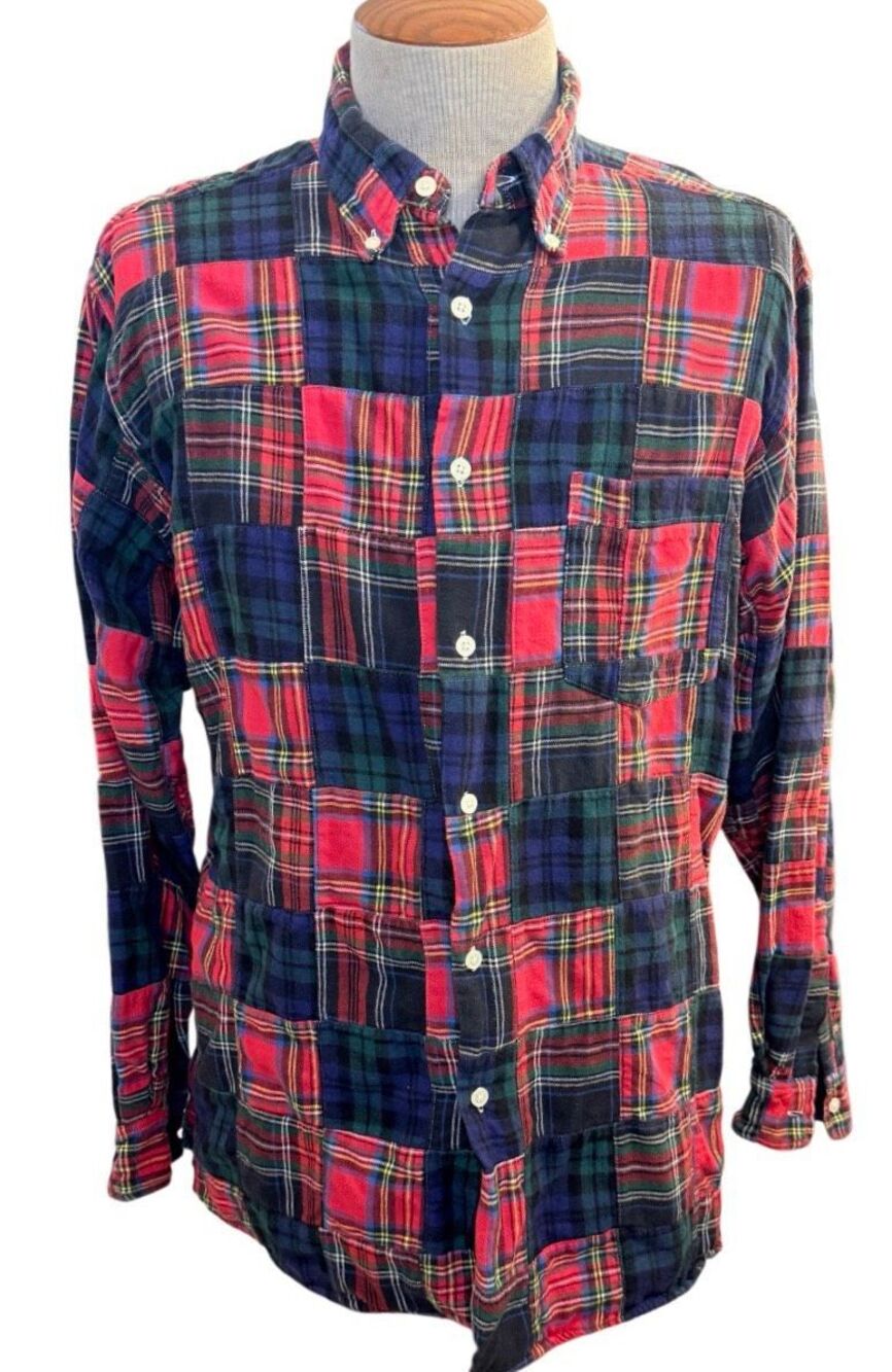 Cleve Shirtmakers Vintage Patchwork Shirt Large Plaid Long Sleeve 90s Flannel